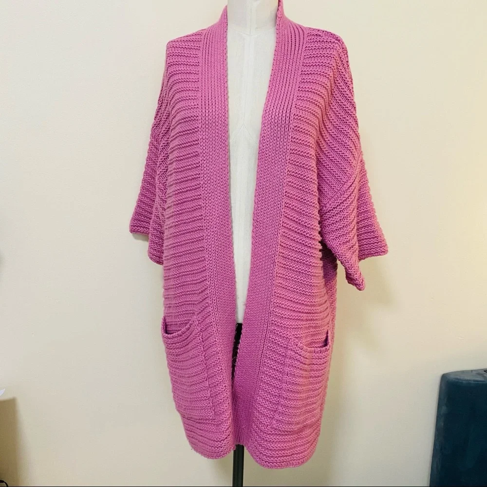 CONTEXT Ribbed Open Front Oversized Chunky Pink Cardigan Size Medium - Picture 3 of 10